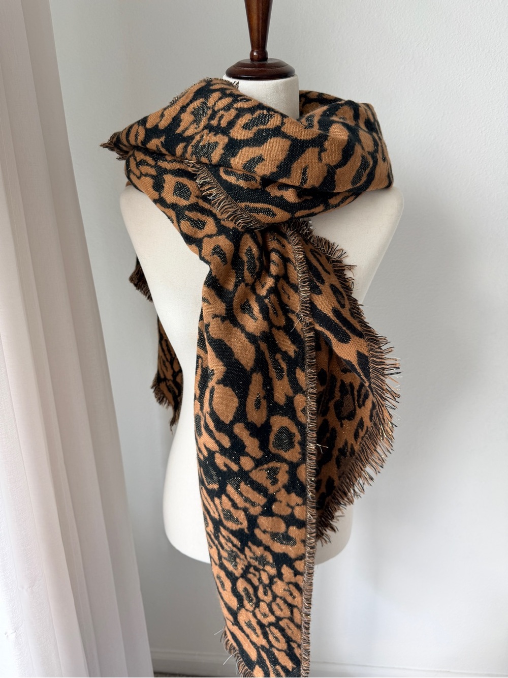 Brown & Black Leopard Print Fringe Scarf - Women Accessories  XXL